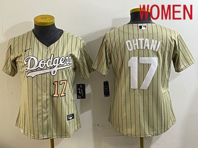 Women Los Angeles Dodgers 17 Ohtani Green Stripe Game 2024 Nike MLB Jersey style 3